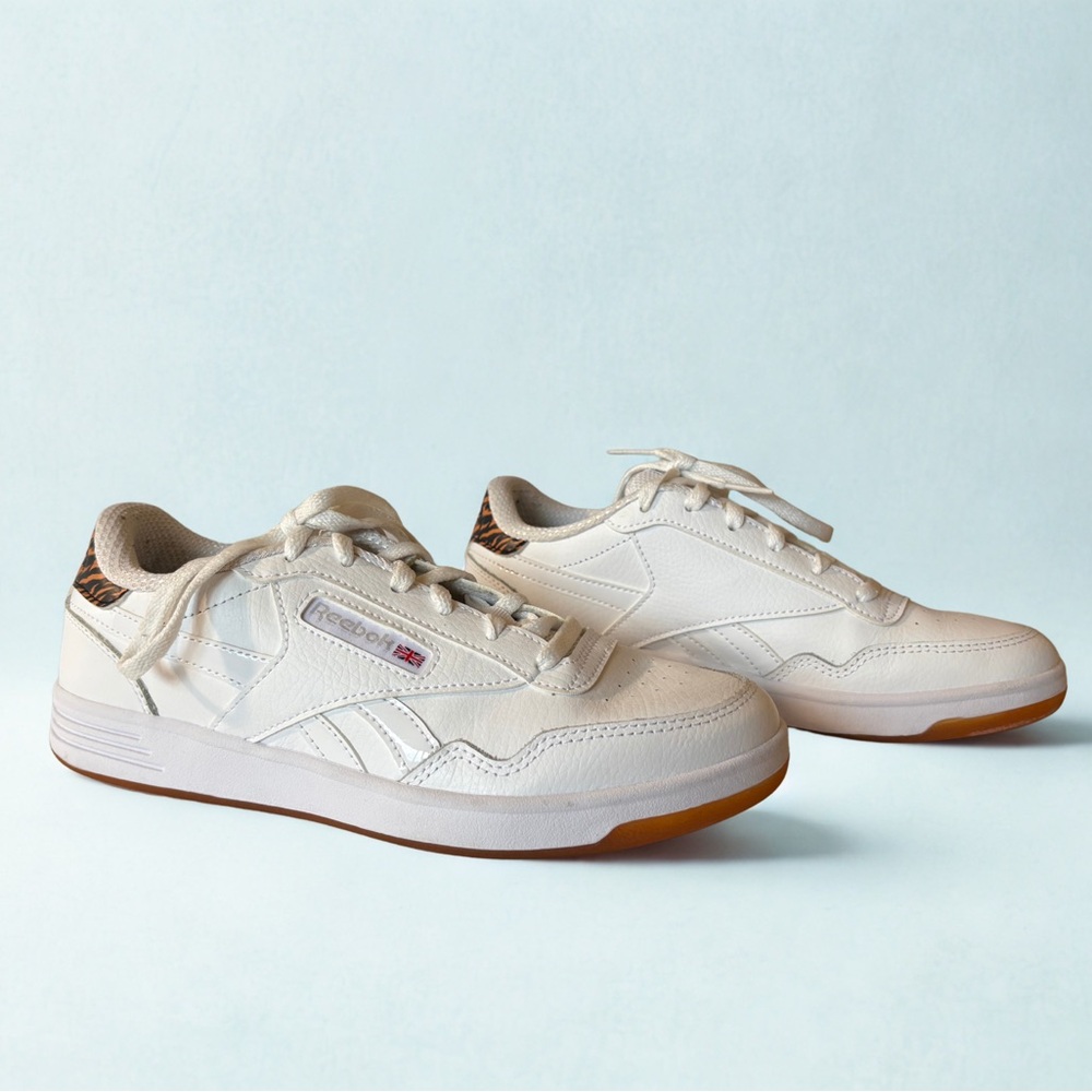Reebok women's club memt sneaker, white with animal print on back heel